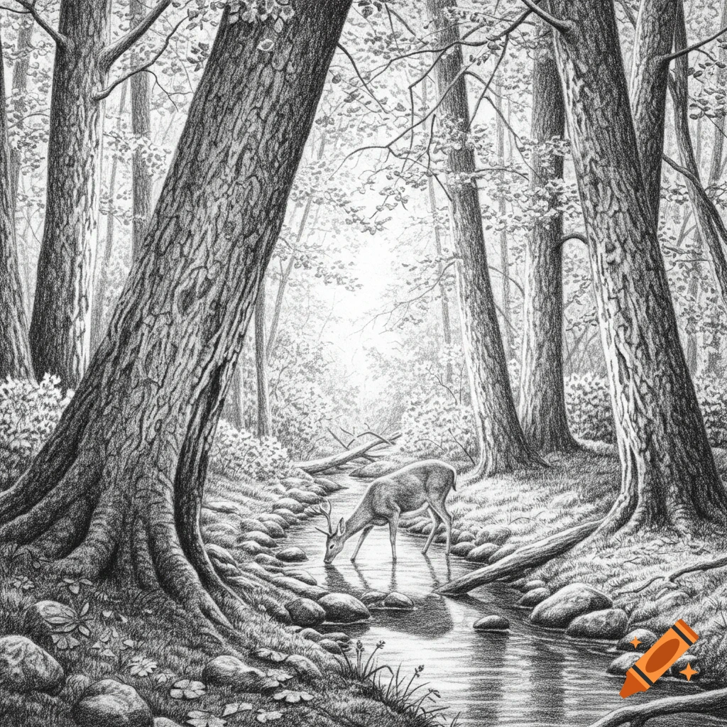 A detailed black and white pencil sketch showing a deer drinking from a rocky stream in a dense forest.