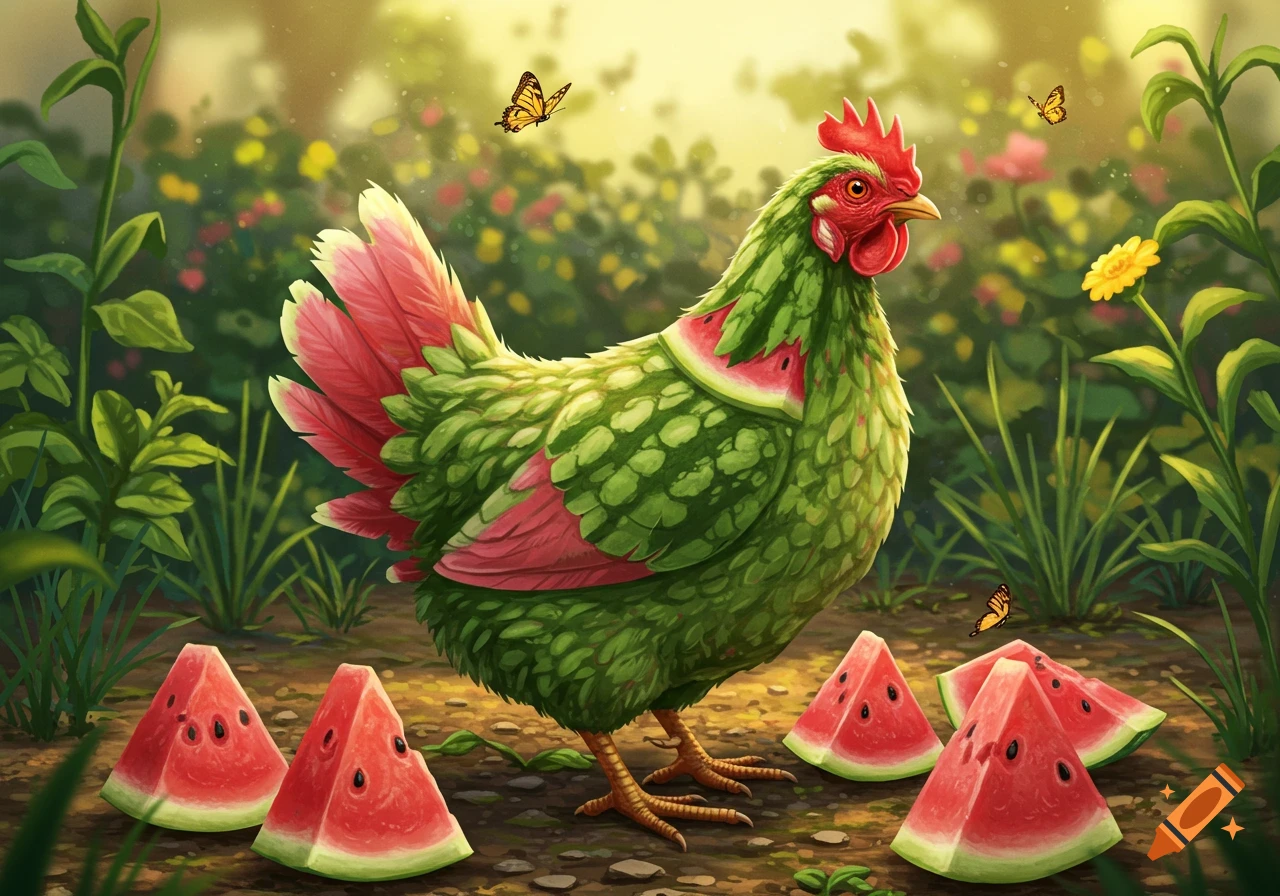 A whimsical chicken with a watermelon rind-like body and pink watermelon flesh for feathers stands among watermelon slices and butterflies in a sunny garden.