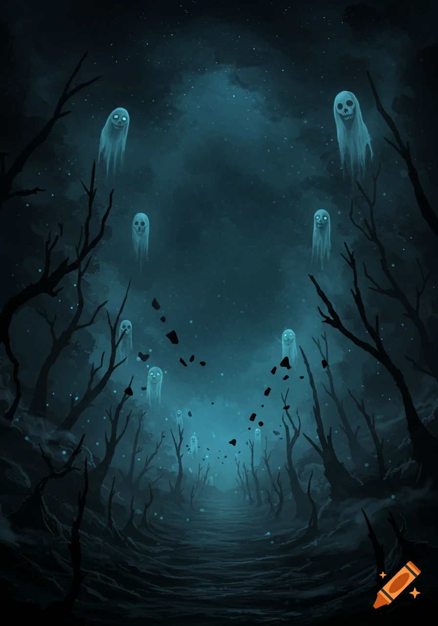 Eerie, dark forest with gnarled trees and ethereal, glowing ghosts floating under a starry, misty sky in a spooky art style.
