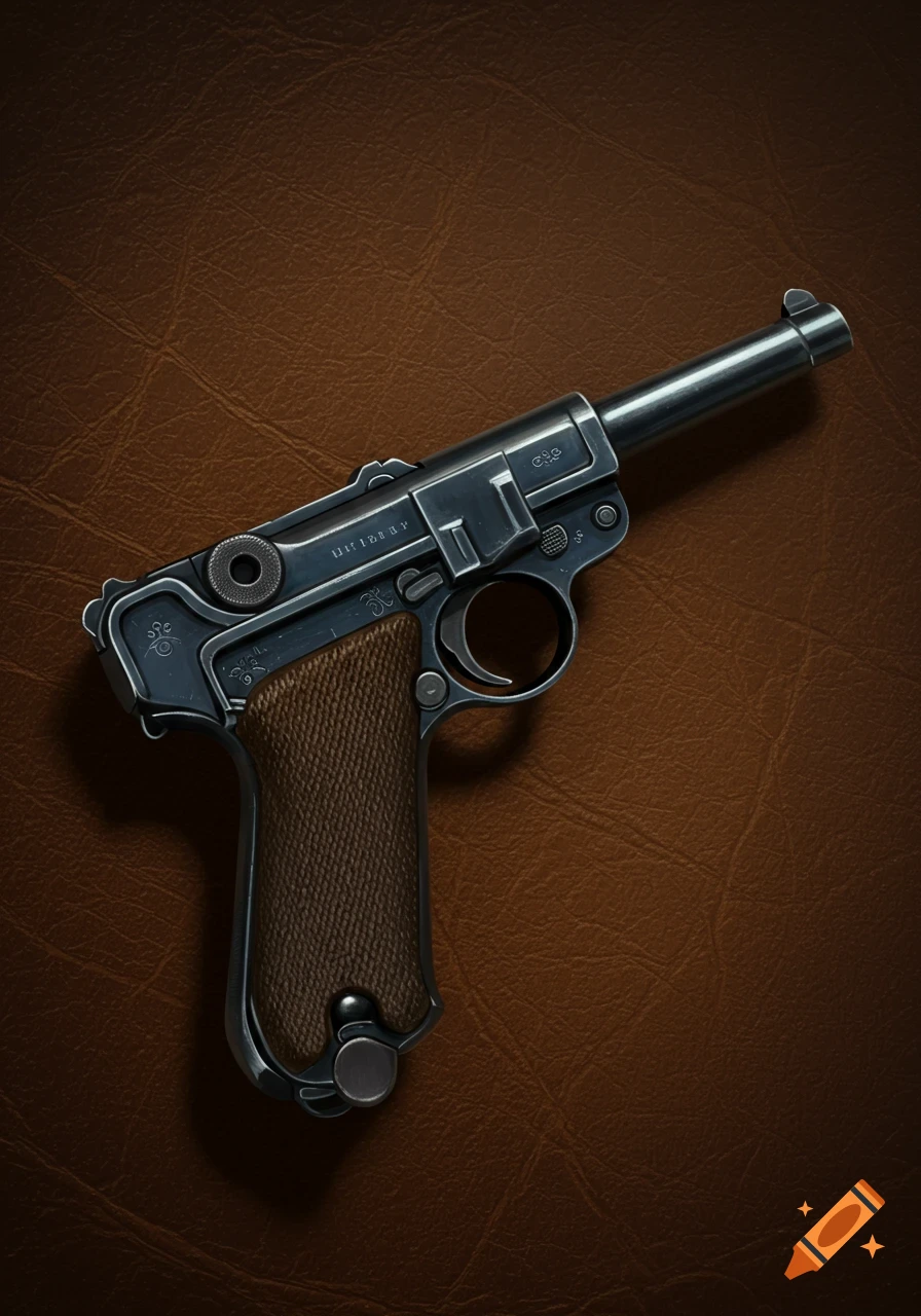 A dark gray Luger pistol with a brown textured grip rests diagonally on a brown leather surface, lit from above.