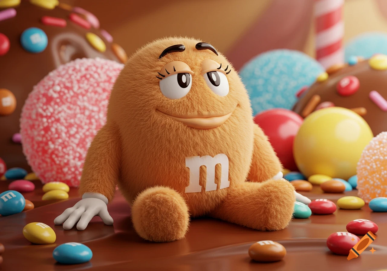 A furry orange M&M character sits smiling on a chocolate surface surrounded by colorful candies.