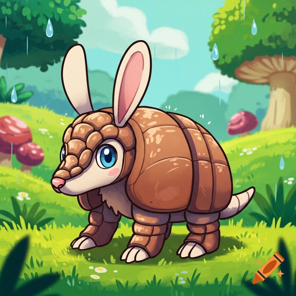 A cute cartoon rabbit-armadillo hybrid with big ears and blue eyes walks in a rainy, green fantasy landscape with mushrooms.
