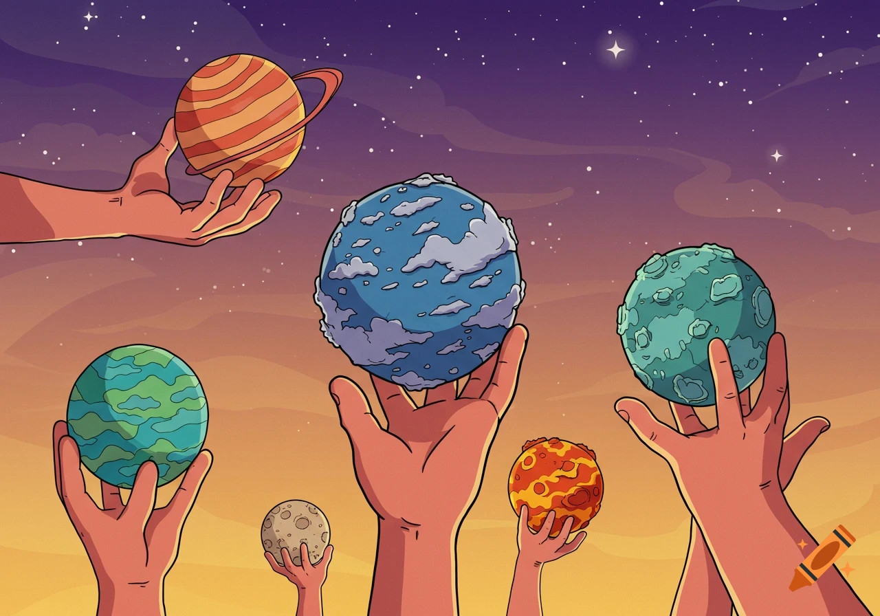 Cartoon illustration of multiple hands holding various stylized planets against a cosmic, star-filled sky.