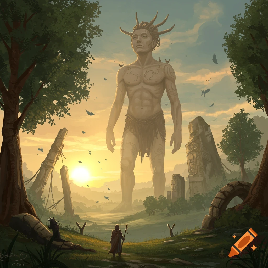 A colossal, statue-like man with antlers stands among ancient ruins in a misty valley at sunrise, as a small cloaked figure approaches, digital painting.