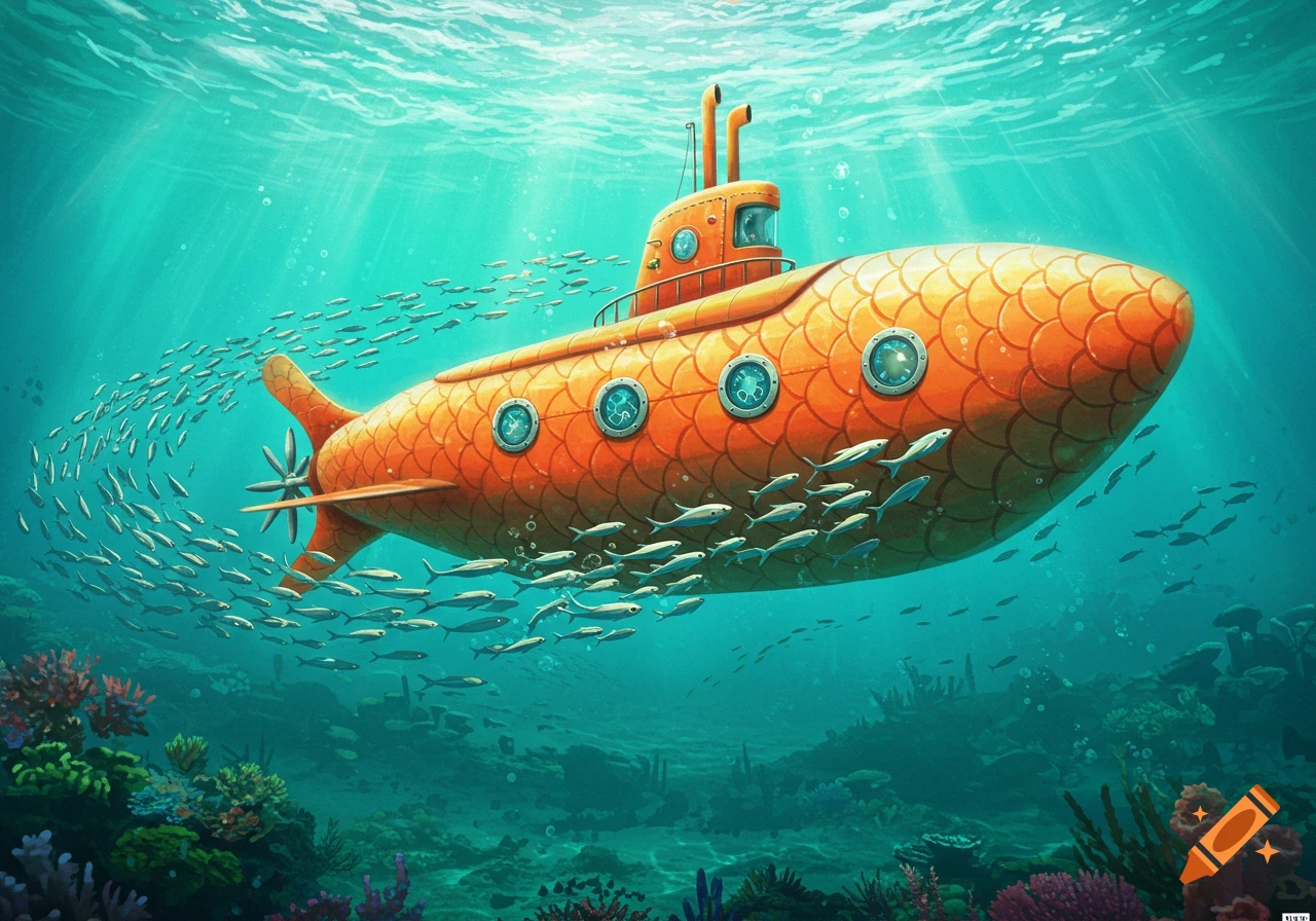 An orange submarine with scales swims through a turquoise ocean, surrounded by schools of fish, over a coral reef.