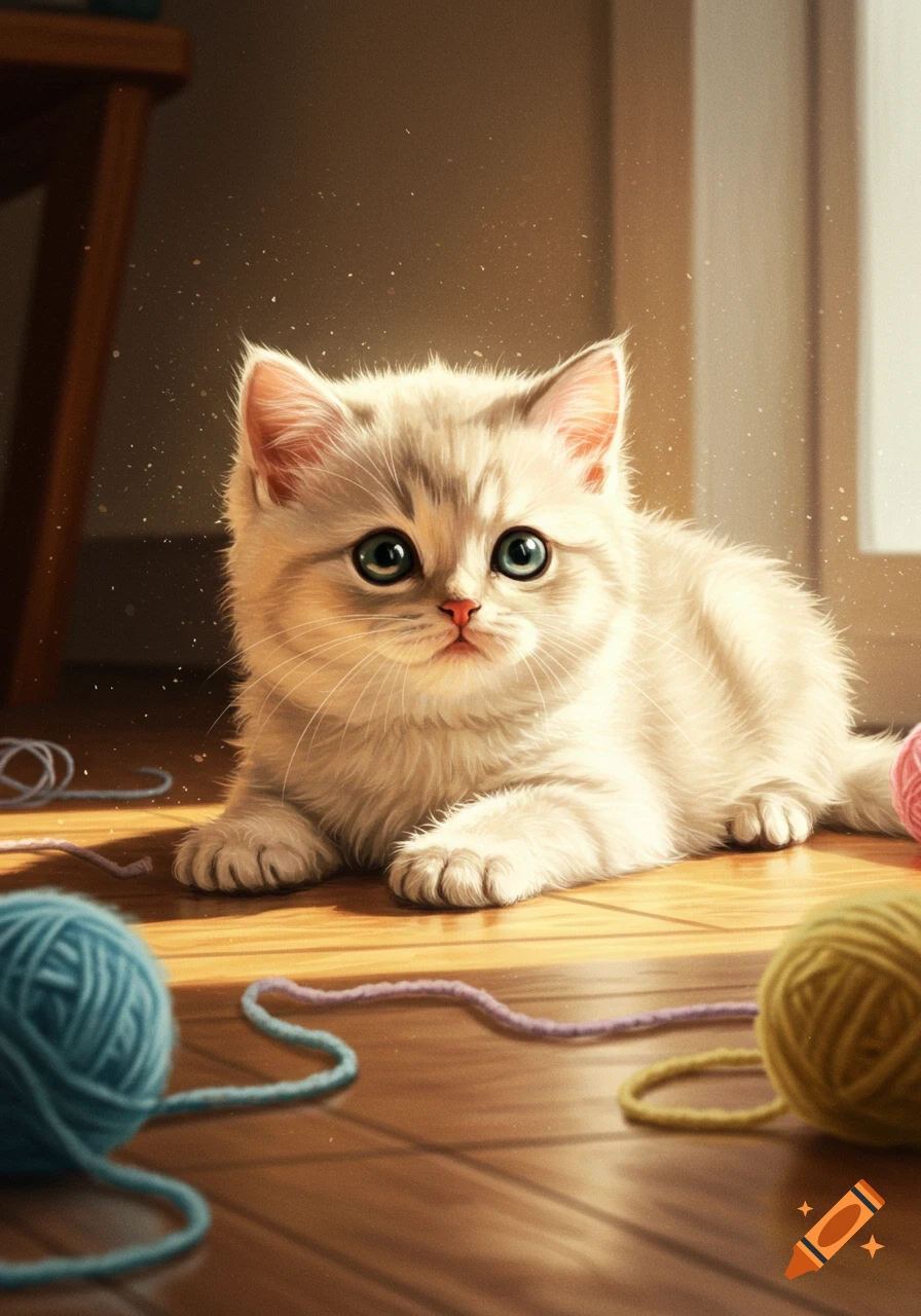 A fluffy white kitten with big blue eyes lies on a wooden floor surrounded by colorful yarn balls in sunlight.