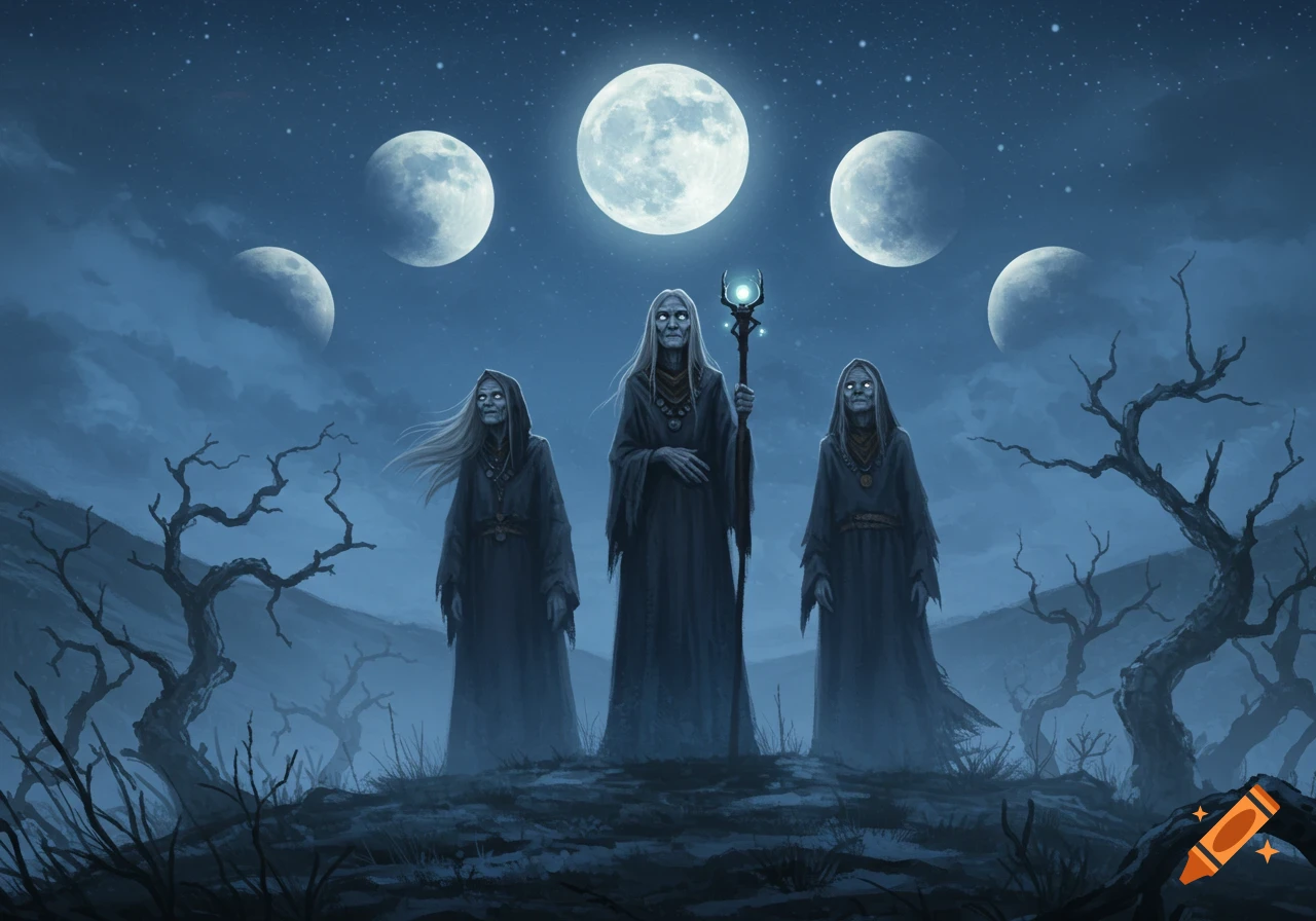 Three ancient crones in hooded robes stand in a desolate, moonlit landscape with bare trees and several full moons in the sky. One holds a glowing staff.