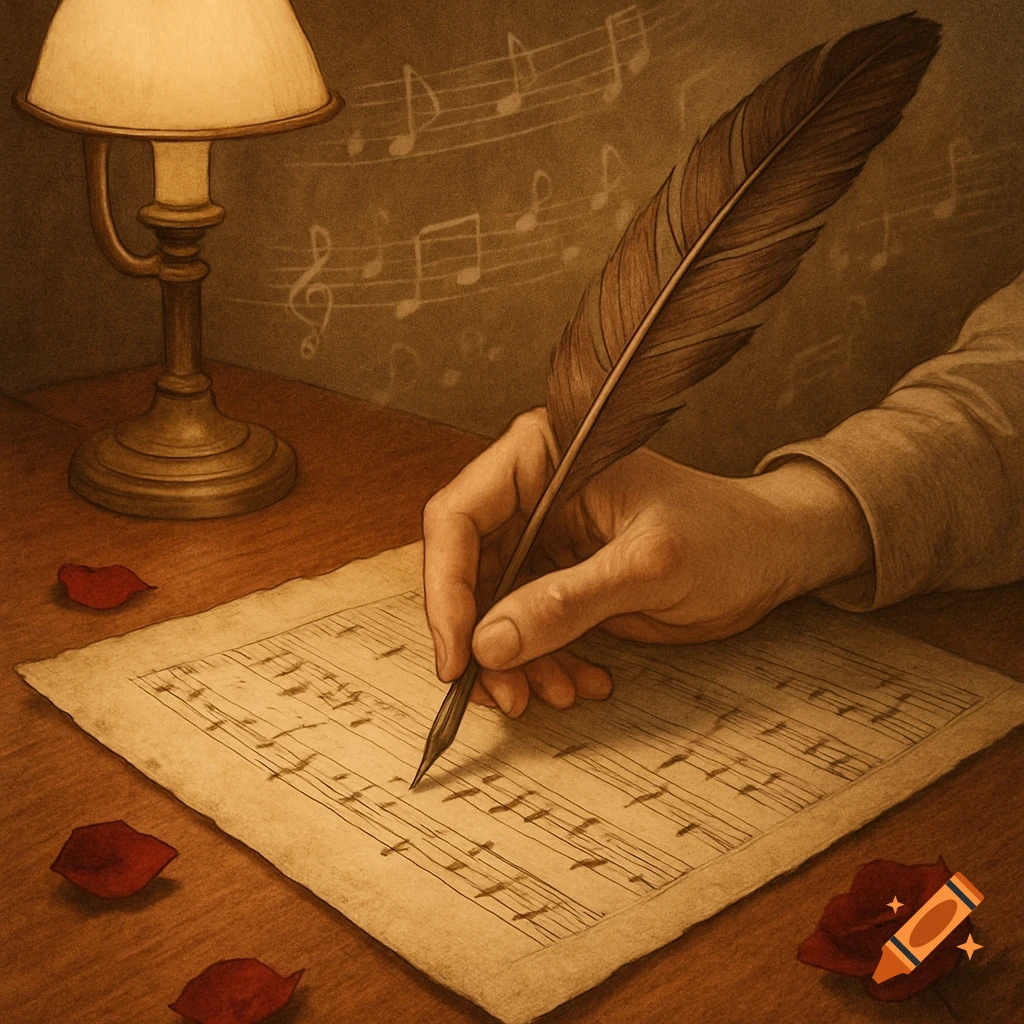 A detailed, sepia-toned illustration of a hand writing musical notes on a sheet of paper with a quill, next to an old lamp and rose petals.