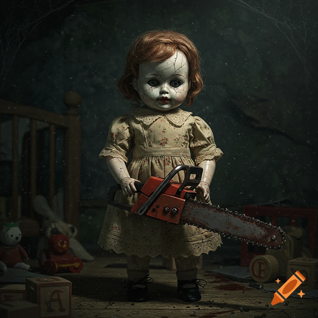 A creepy, cracked porcelain doll with red hair in a floral dress holds a chainsaw in a dark, dusty room with toy blocks and a crib.