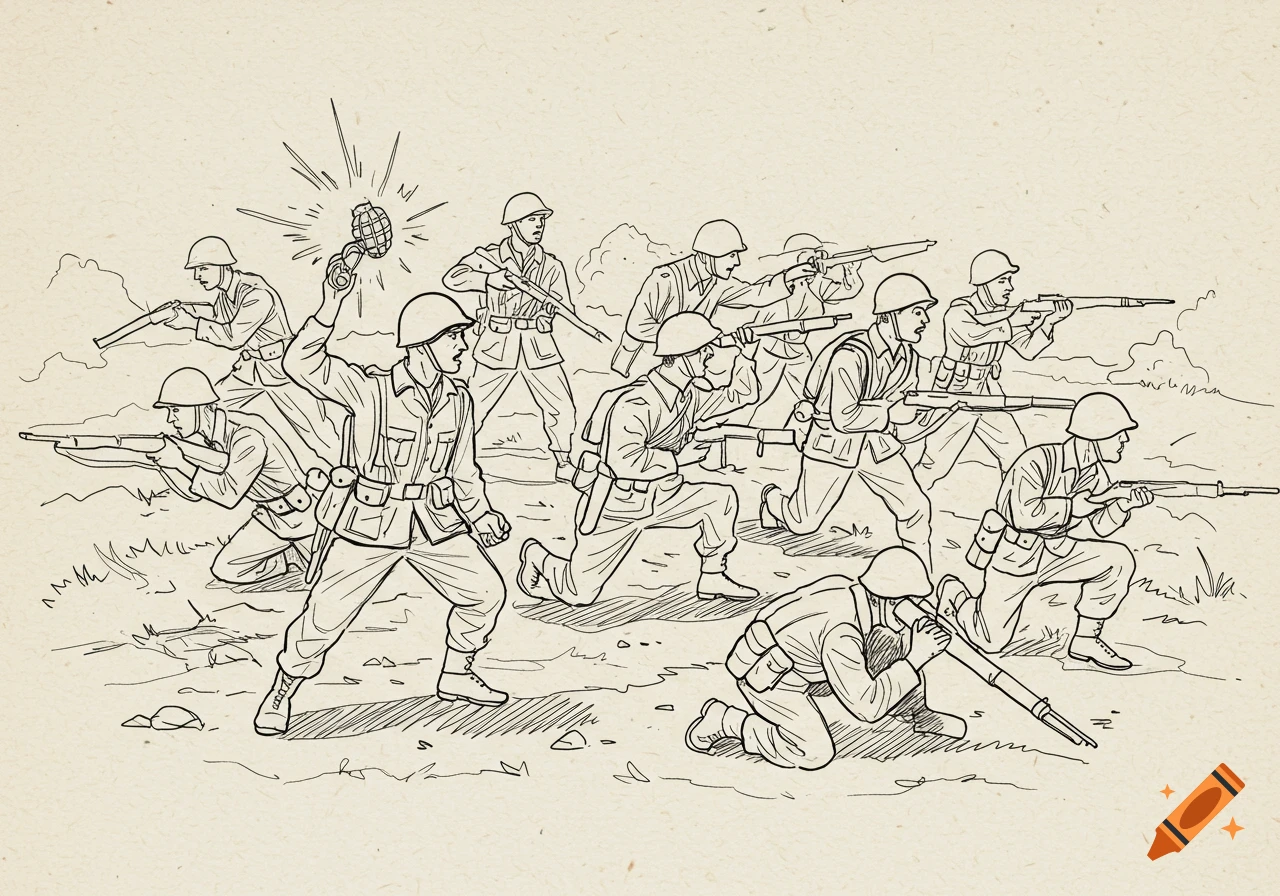 Line art drawing of soldiers in various action poses, some shooting, one throwing a grenade, on a textured background.