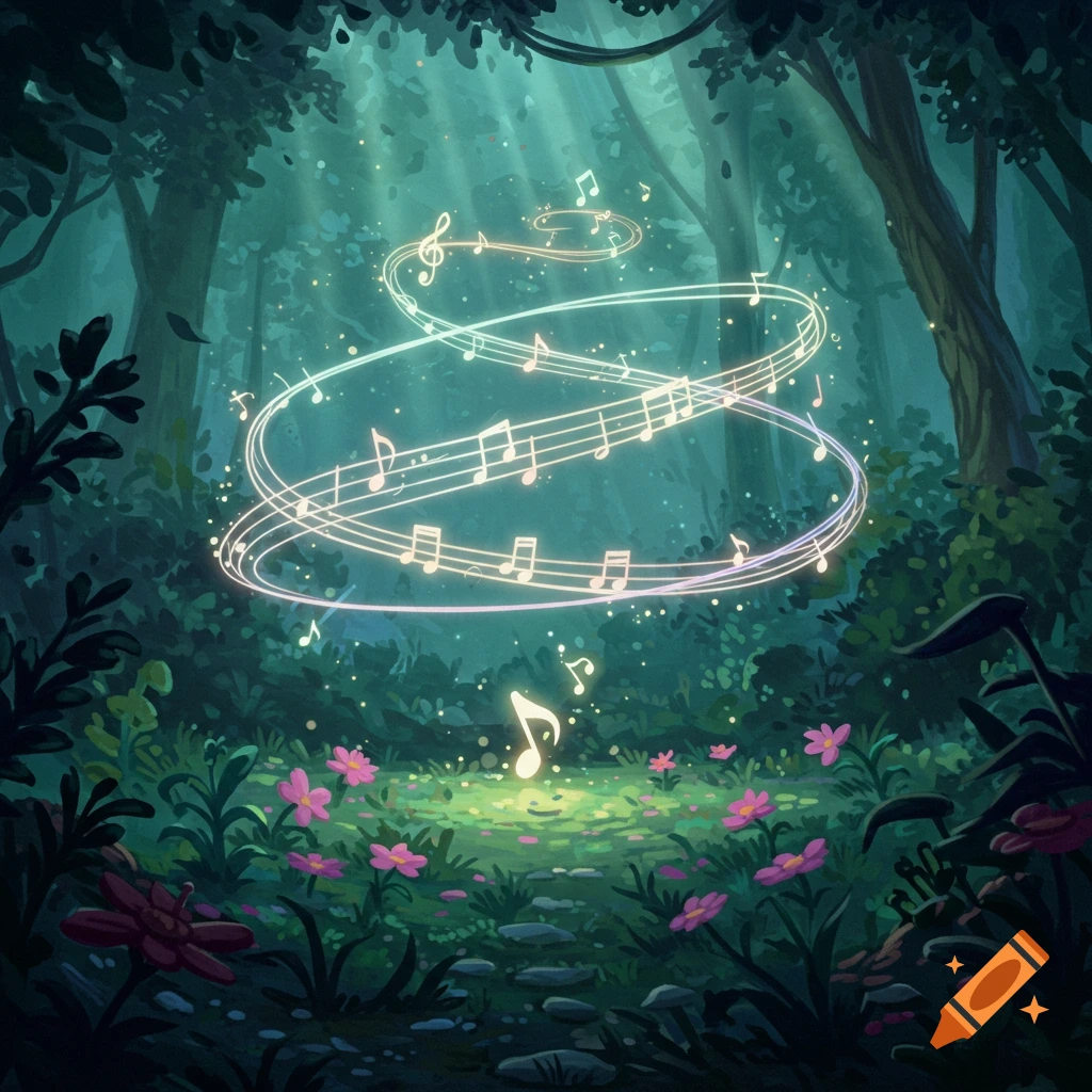 A vibrant illustration of an enchanted forest with glowing musical notes spiraling through sunlit trees and pink flowers.