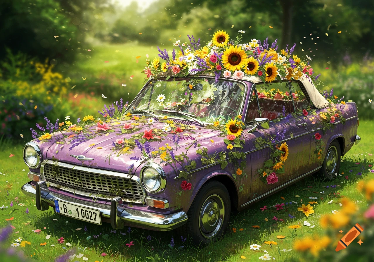 A purple vintage convertible car adorned with sunflowers and colorful flowers, parked in a sunny green meadow.