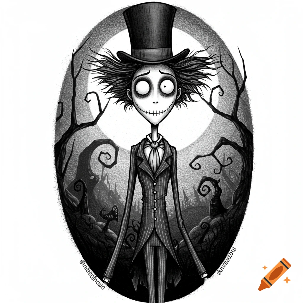 Black and white Tim Burton-style character with large eyes, stitched smile, top hat, and striped suit, against a full moon and spooky trees.
