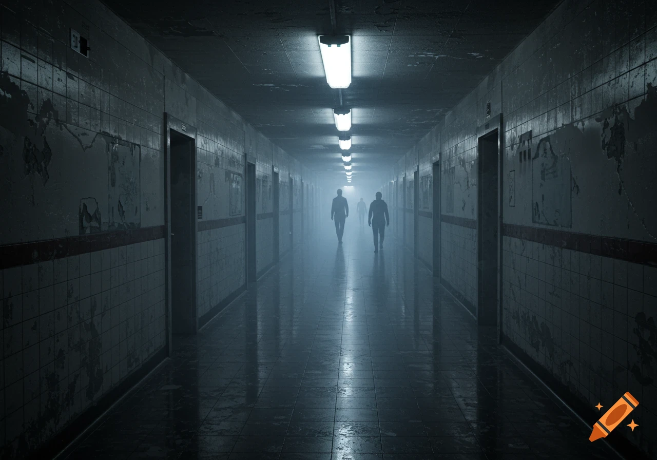 A dark, foggy, long tiled hallway with peeling paint and bright fluorescent lights. Several shadowy figures walk away into the distance.