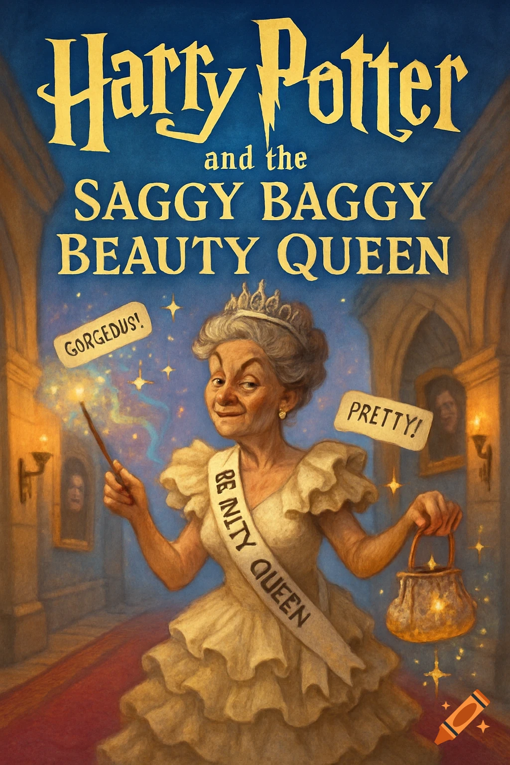An illustration of a Harry Potter book cover titled "Harry Potter and the Saggy Baggy Beauty Queen" featuring a caricatured older woman in a beauty queen dress, holding a wand and a sparkling purse in a grand hall.