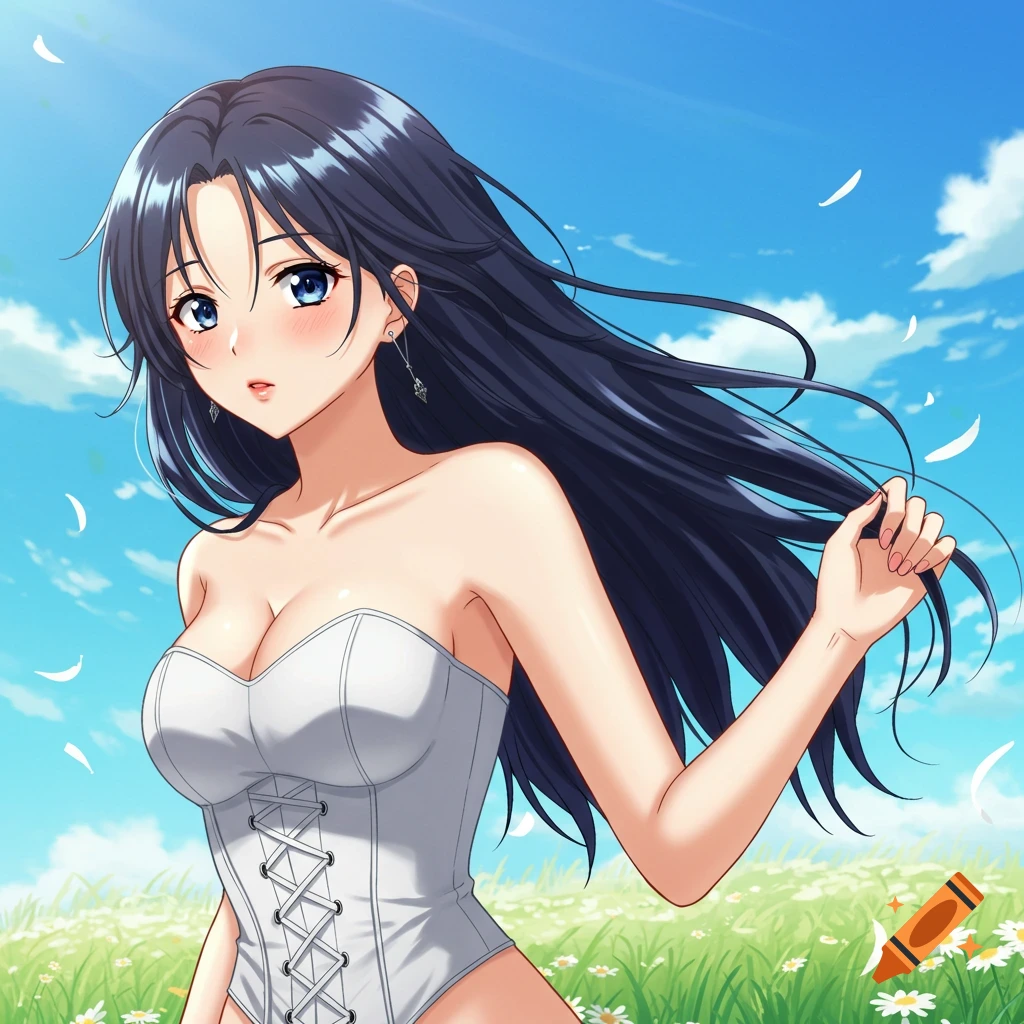 Anime woman with dark hair in a white corset top in a flowery field under a blue sky.