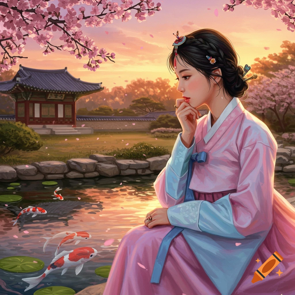A Korean woman in a pink hanbok sits by a koi pond in a cherry blossom garden with a traditional building, painted style.
