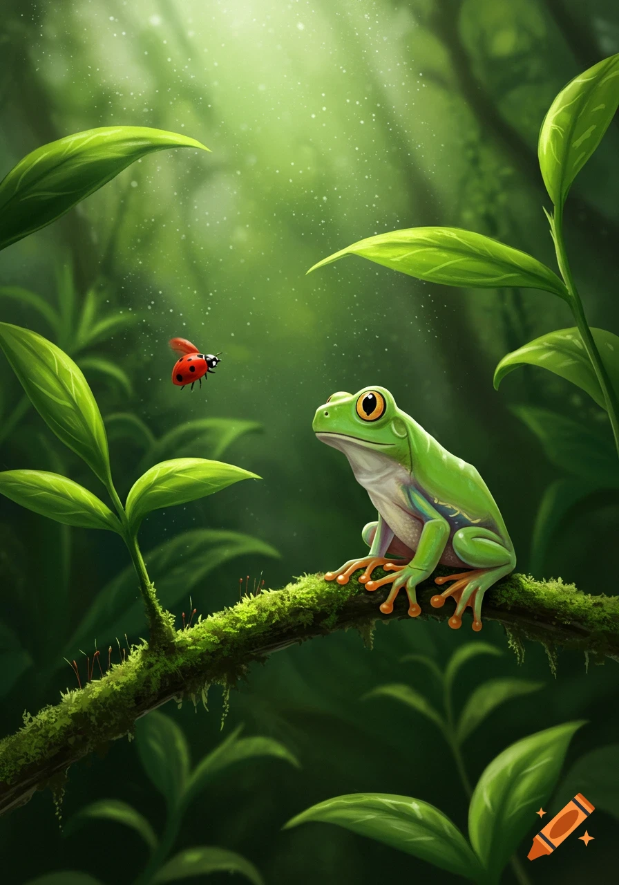 A vibrant green tree frog sits on a mossy branch, looking at a red ladybug flying nearby in a lush jungle illustration.