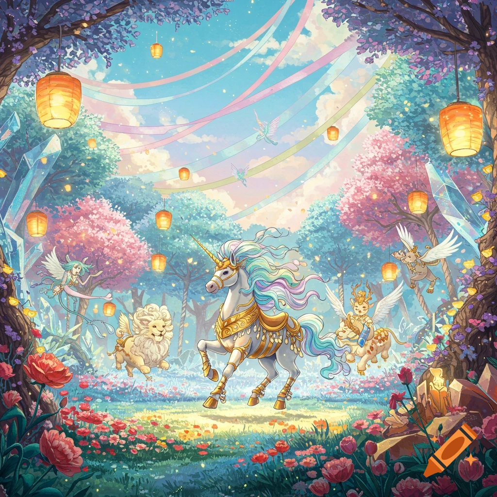 Vibrant illustration of a unicorn, winged fae, and lion-creature in a magical forest with lanterns, flowers, and crystals.