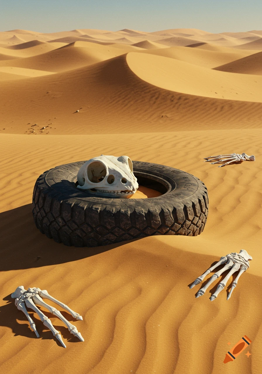 A frog skull rests in an old tire on vast desert sand dunes, with two skeletal leg bones lying nearby. Photorealistic style.