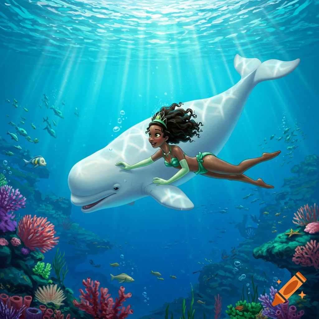 Cartoon Princess Tiana in a green bikini swims with a beluga whale in a bright coral reef.