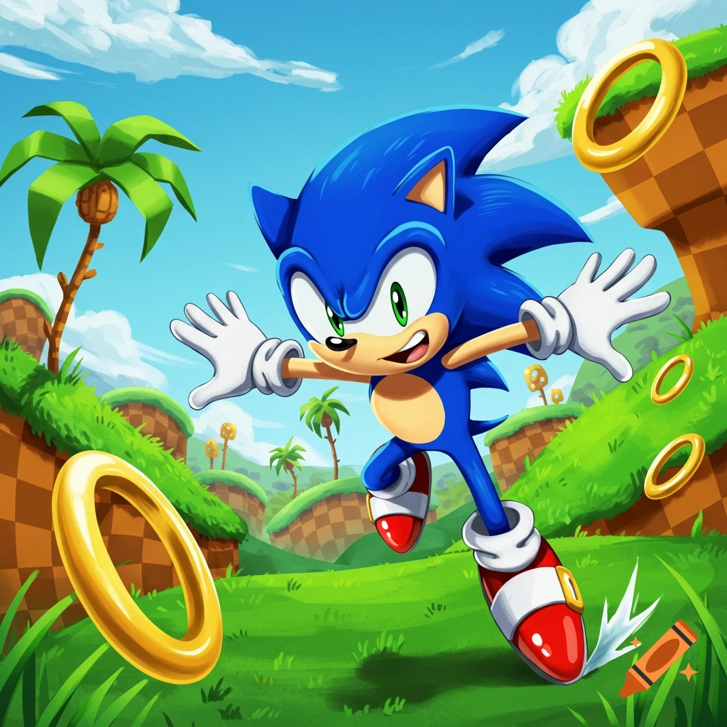 Sonic the Hedgehog runs through a vibrant green landscape with palm trees and golden rings under a blue sky.