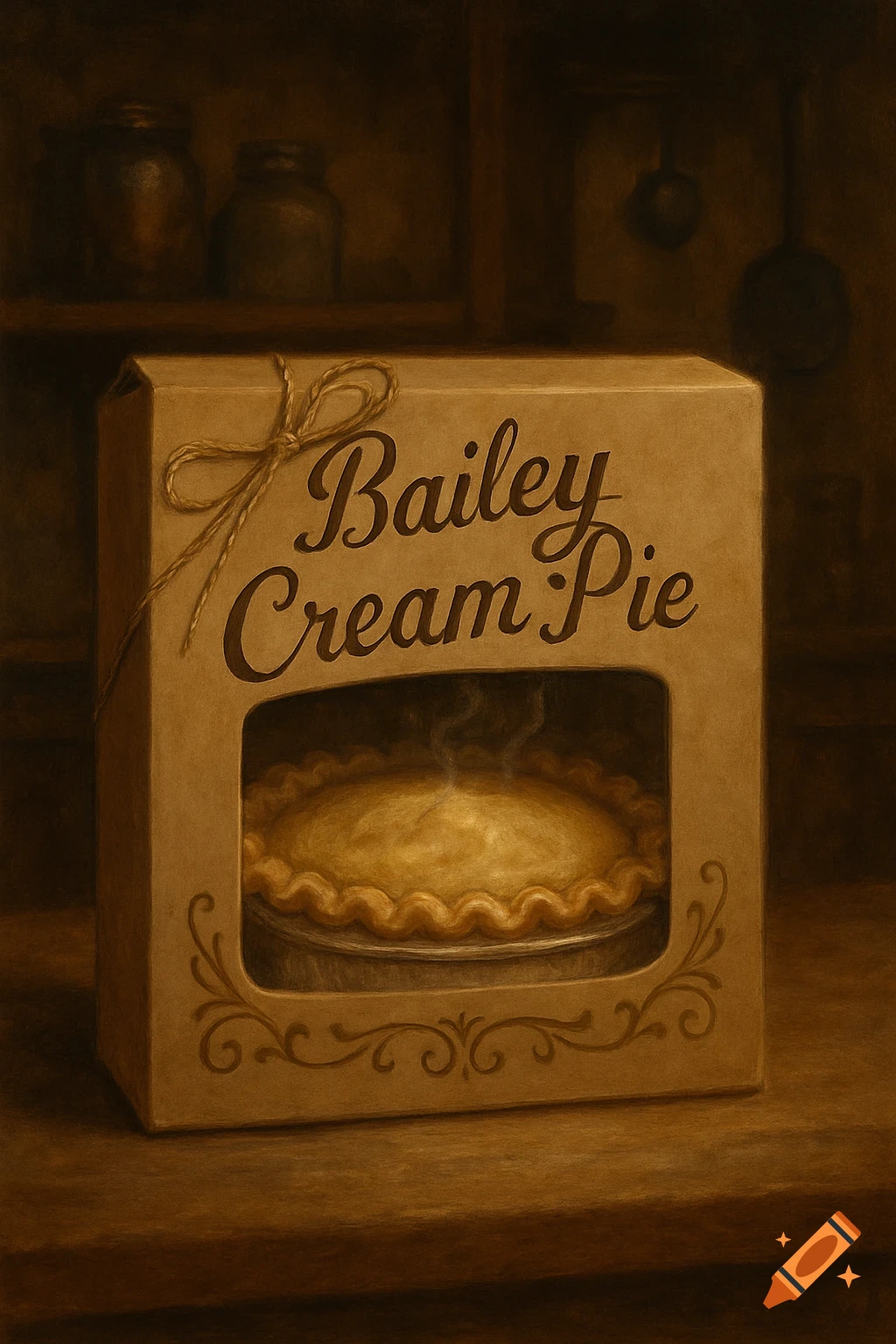 A rustic image of a "Bailey Cream Pie" box with a steaming pie visible through a window, set in a dimly lit kitchen.