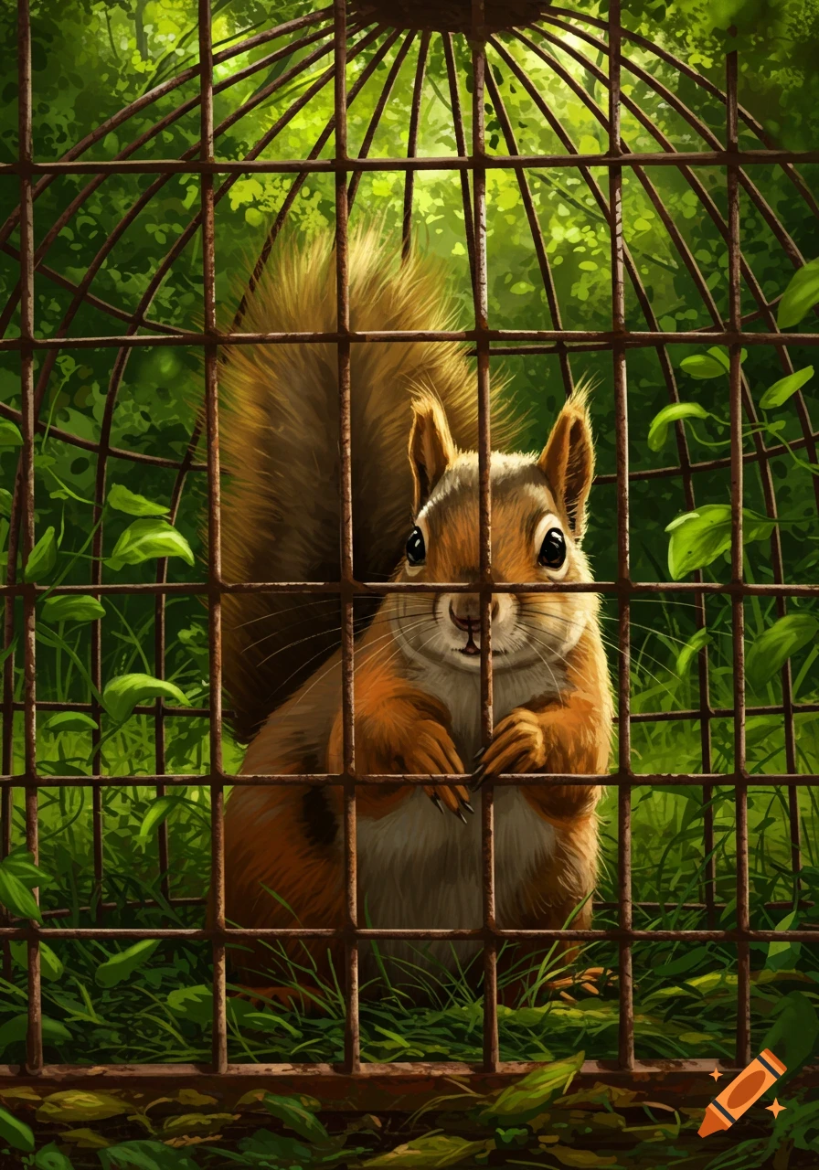 A red-brown squirrel peers from behind rusty cage bars in a vibrant green forest, digital illustration.