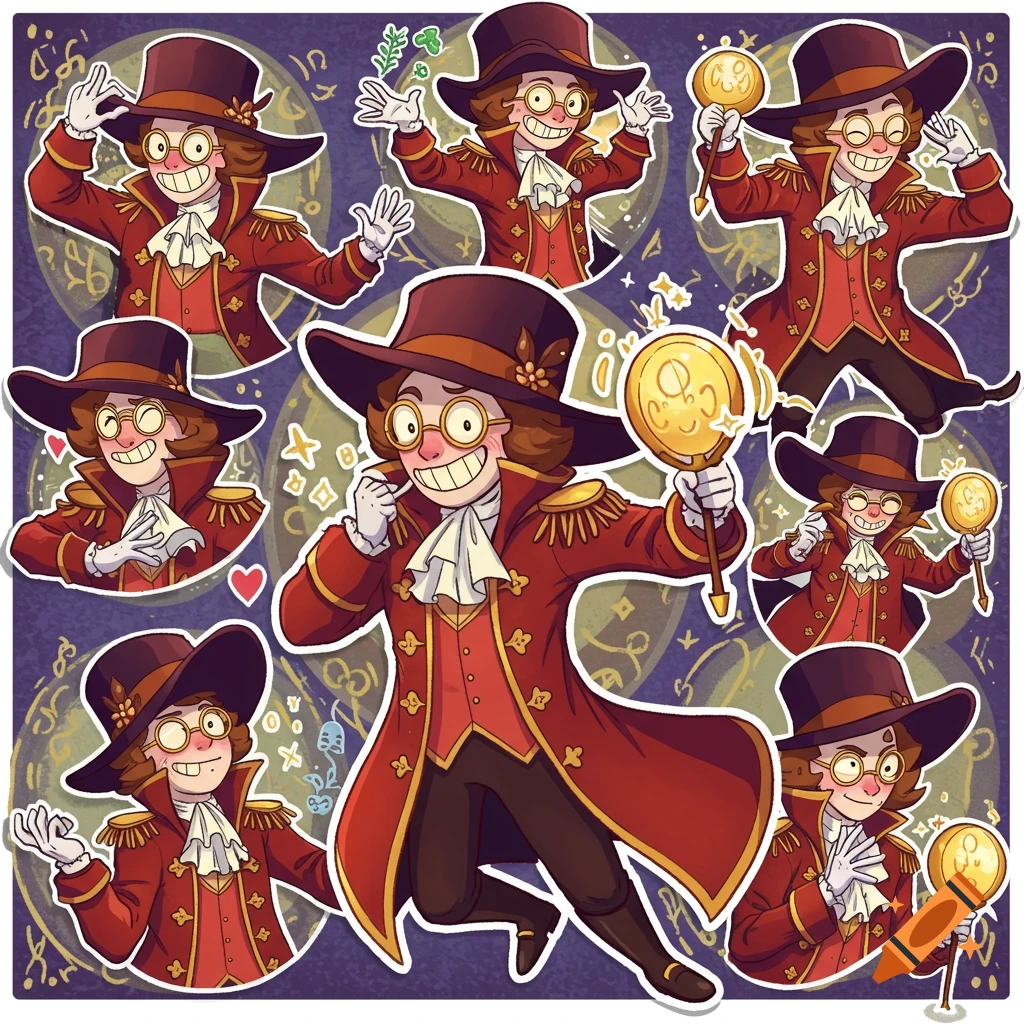 Cartoon sticker pack of Mr. Scarletella, a man in a red coat and top hat, making various expressive poses.