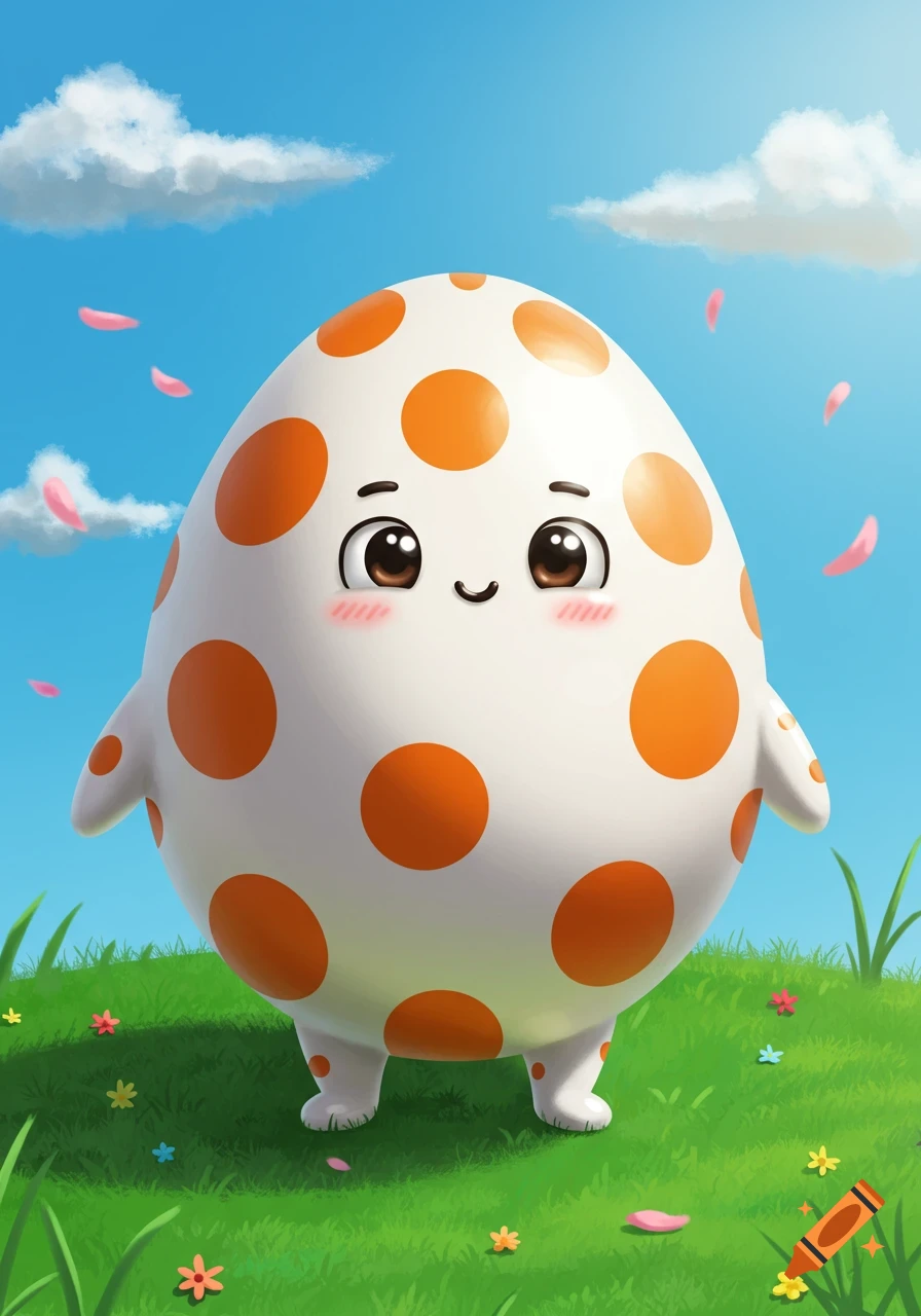 A cute, cartoon egg character with orange polka dots stands in a vibrant green field under a blue sky.