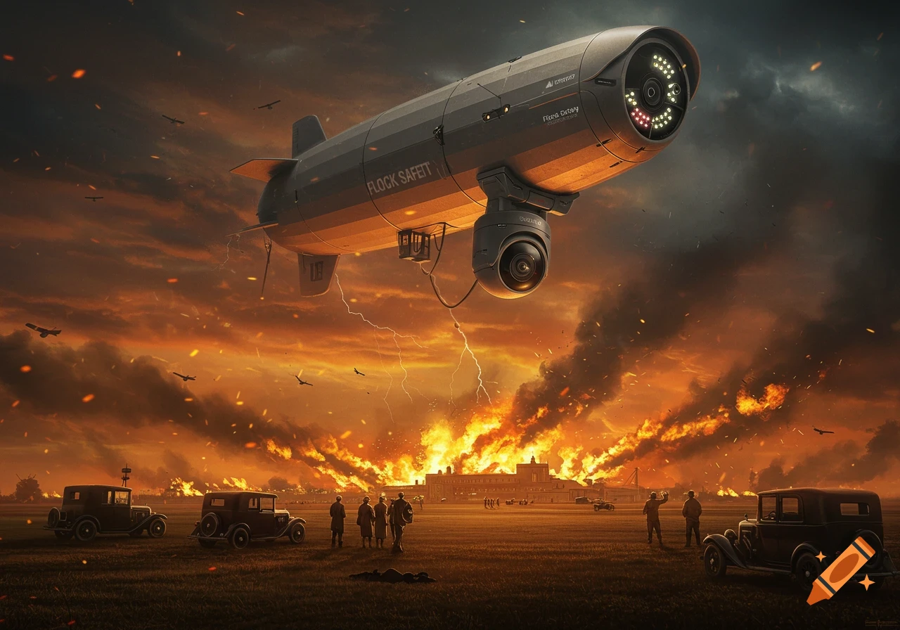 A futuristic surveillance blimp oversees a fiery disaster as people in old cars watch buildings burn under a stormy, orange sky.