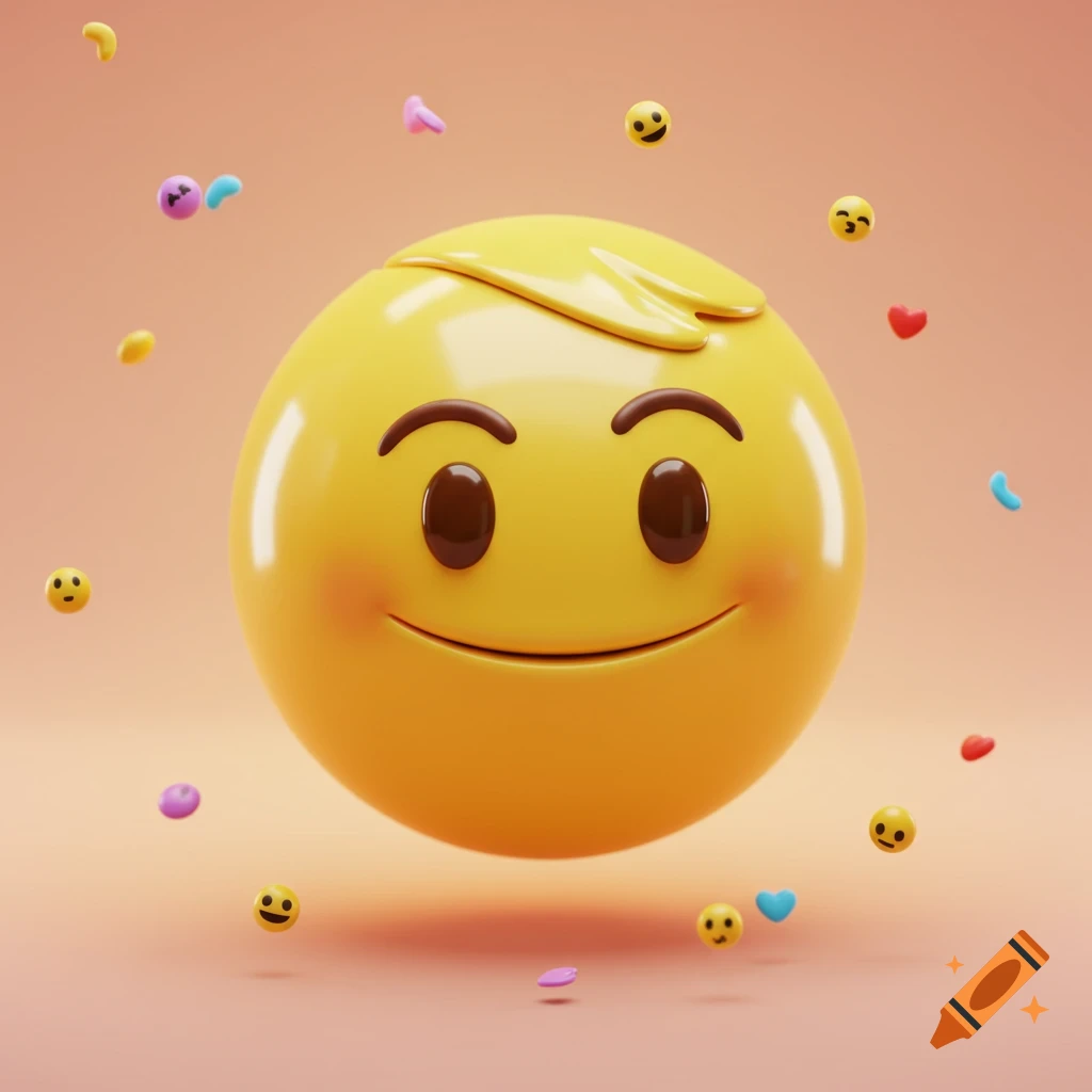 A 3D smiling yellow emoji with a blonde hairstyle on top, surrounded by small floating emojis and shapes.