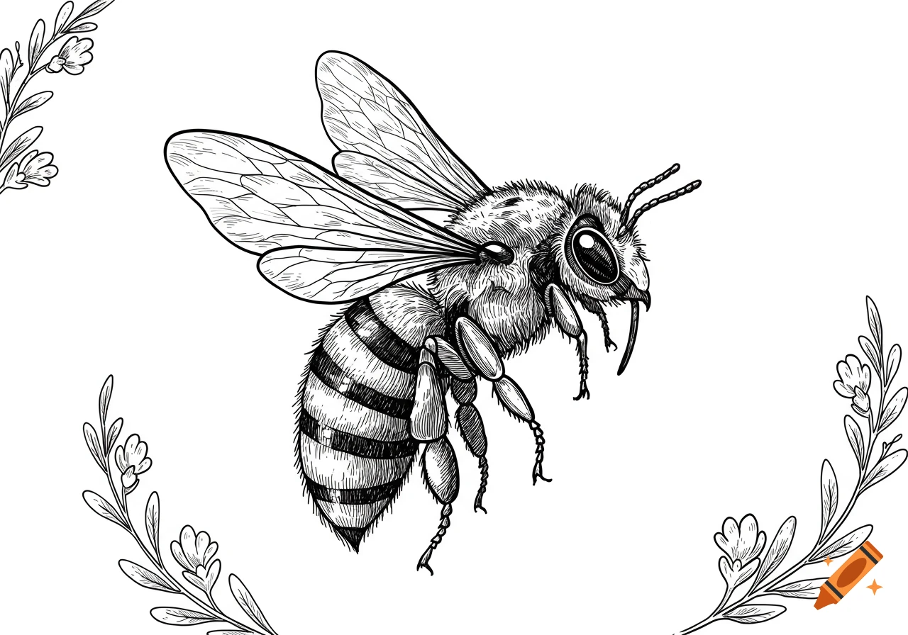 Black and white line art illustration of a honeybee in flight, with detailed wings and fuzzy body.