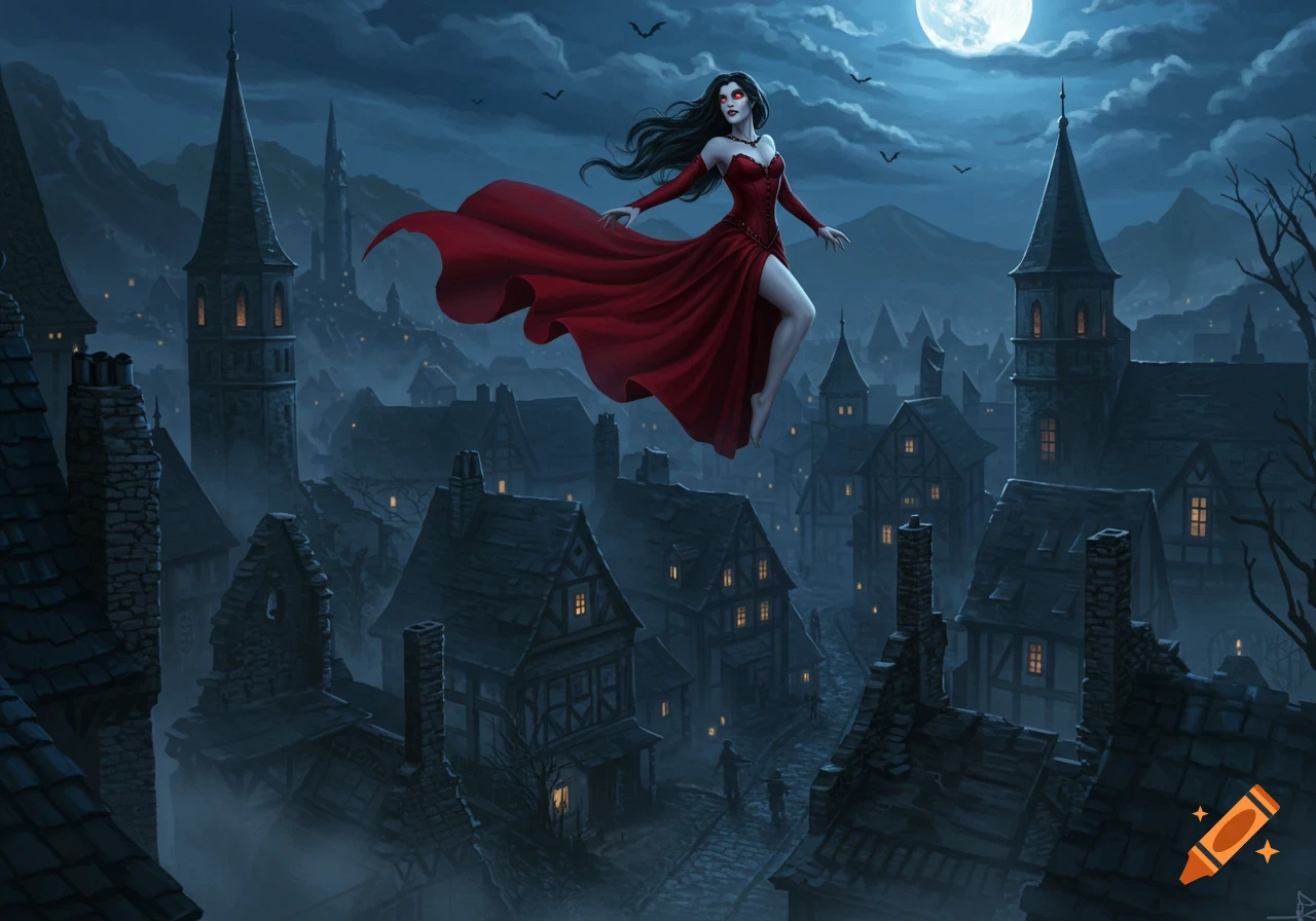 A vampire woman in a flowing red dress flies over a dark, misty village under a full moon in a fantasy art style.