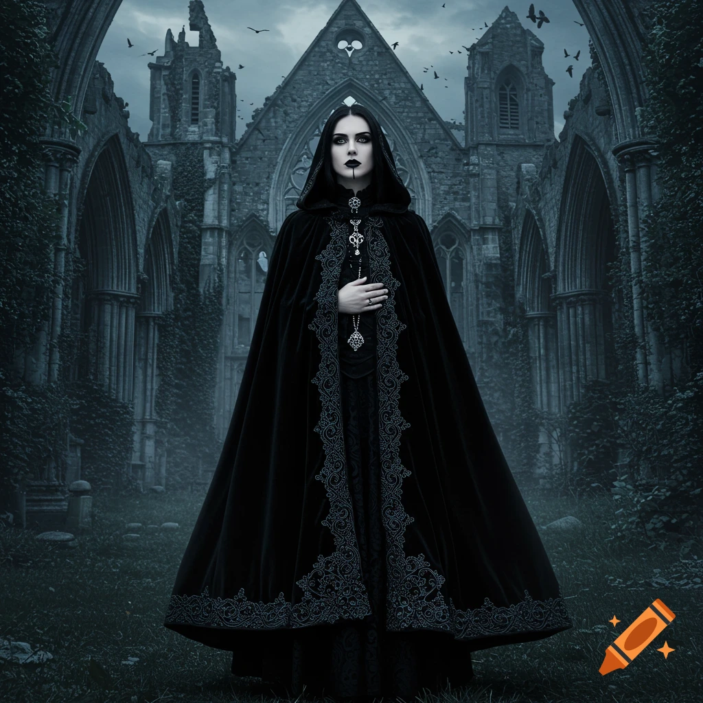 A solemn goth woman in a black hooded cloak stands before a crumbling gothic church under a dark sky, birds flying.