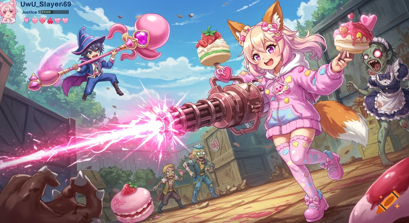 An anime-style screenshot showing a pink-haired fox girl firing a glittery minigun at cartoonish zombies, while a magical boy teammate attacks with a 'Justice Spoon' in a vibrant, chaotic scene.
