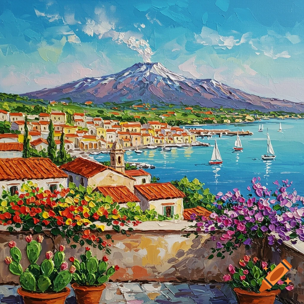 Vibrant impasto painting of a seaside town with red-tiled roofs, a smoking volcano, sailboats, and colorful flowers.