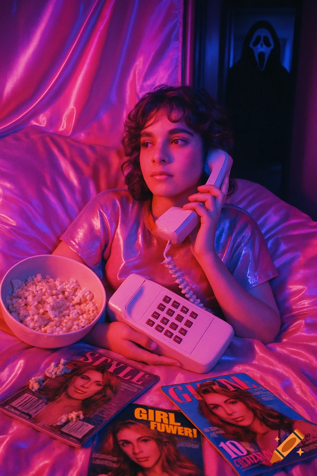 A young person on a bed of shiny pink satin sheets, holding a retro corded phone, with popcorn and magazines. Ghostface watches from a dark doorway.