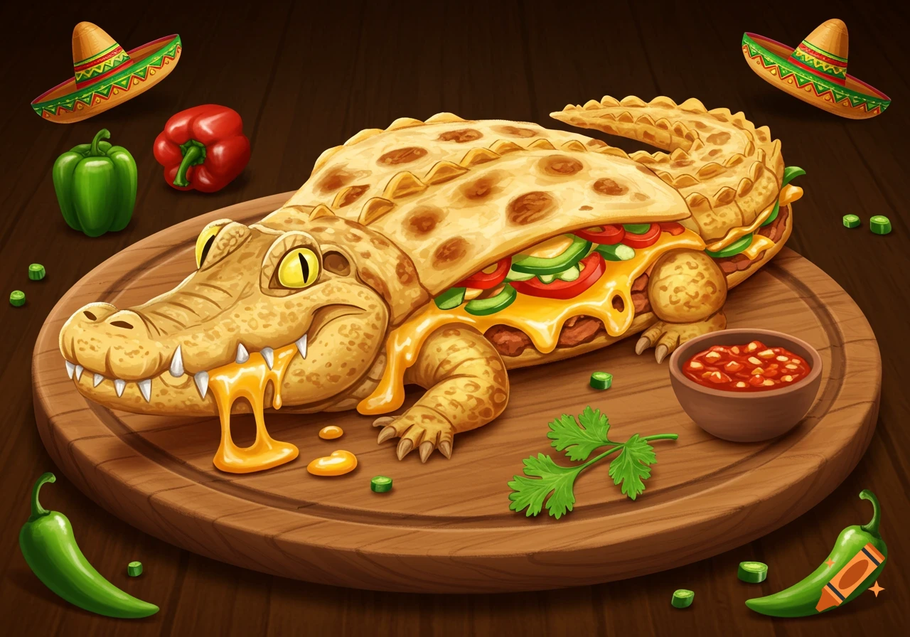 Cartoon crocodile quesadilla bursting with melted cheese and vegetables, served with salsa and peppers on a wooden board.