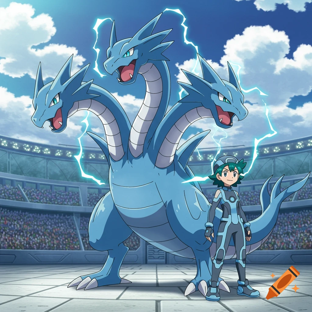 A blue three-headed dragon Pokémon stands beside a male trainer in a stadium, surrounded by lightning, in an anime style.