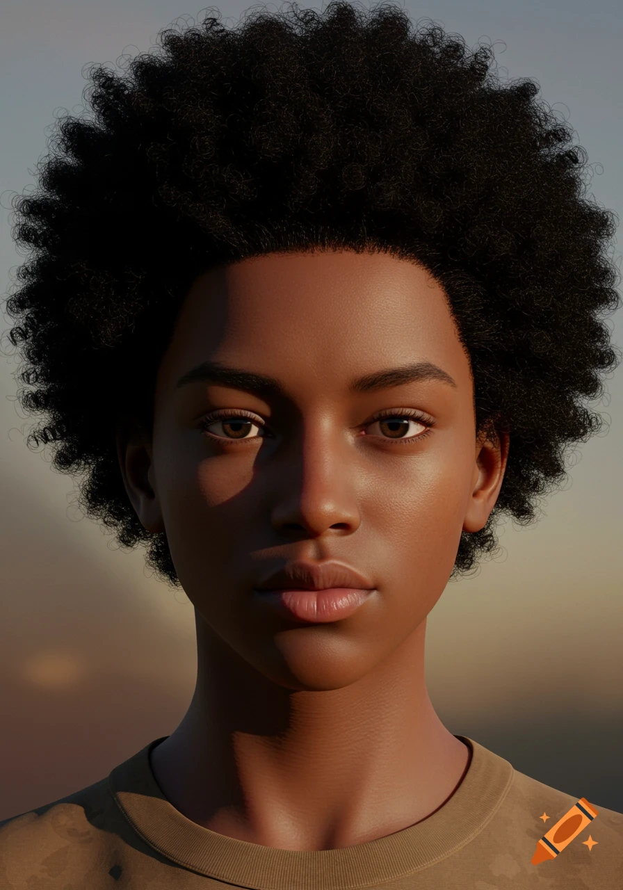 Photorealistic portrait of a young person with dark skin and a large afro, looking forward.
