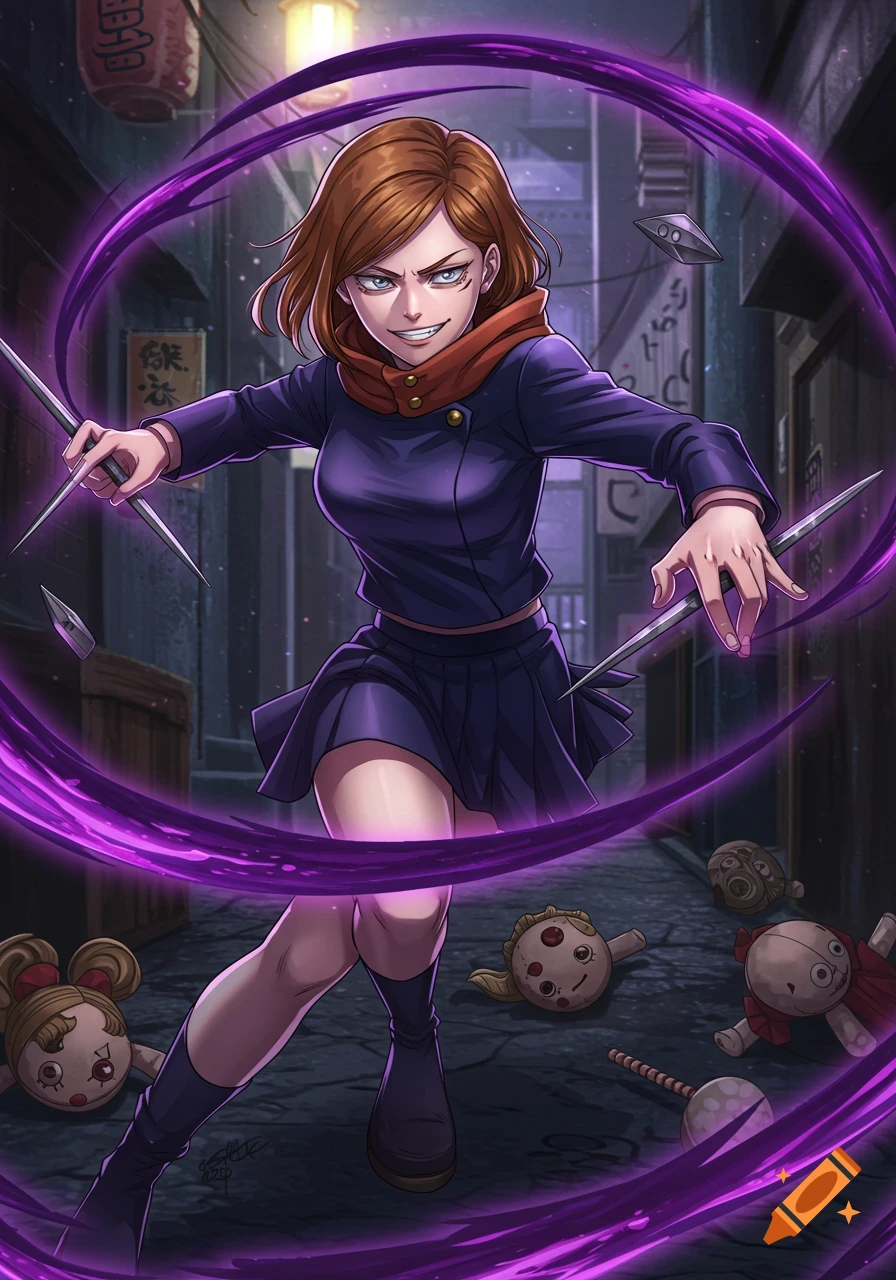 An anime girl with brown hair in a dark blue uniform wields metal spikes with a purple aura, surrounded by creepy dolls in a dark alley.