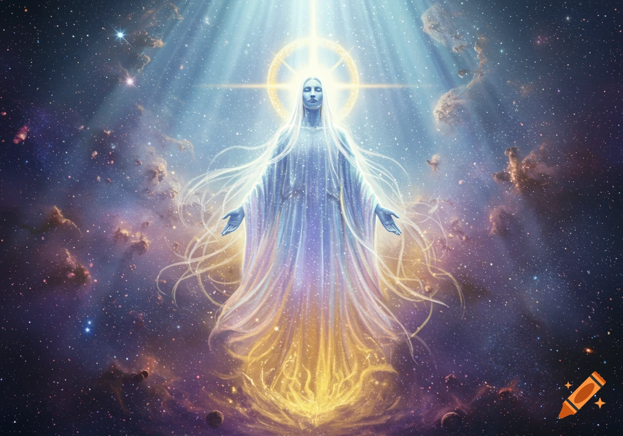 Luminous ethereal figure with flowing robes and hair stands among stars and nebulae, radiating light.