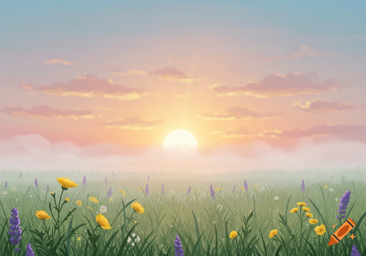 A serene meadow filled with yellow and purple wildflowers under a pastel sky with a bright sun rising or setting through a soft mist.