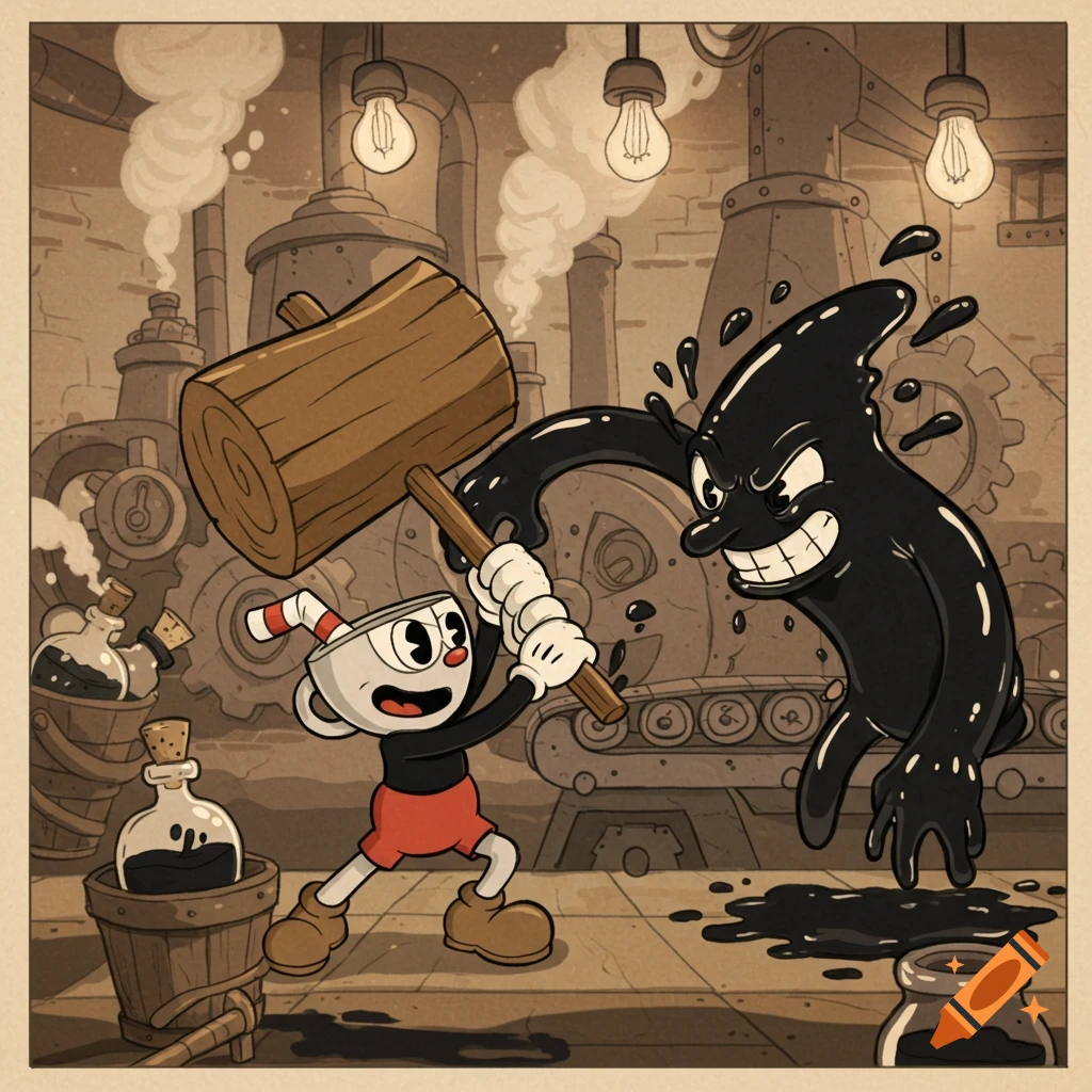 Cuphead, a vintage cartoon character, is about to strike a grinning black ink monster with a large wooden mallet in a sepia-toned factory setting.