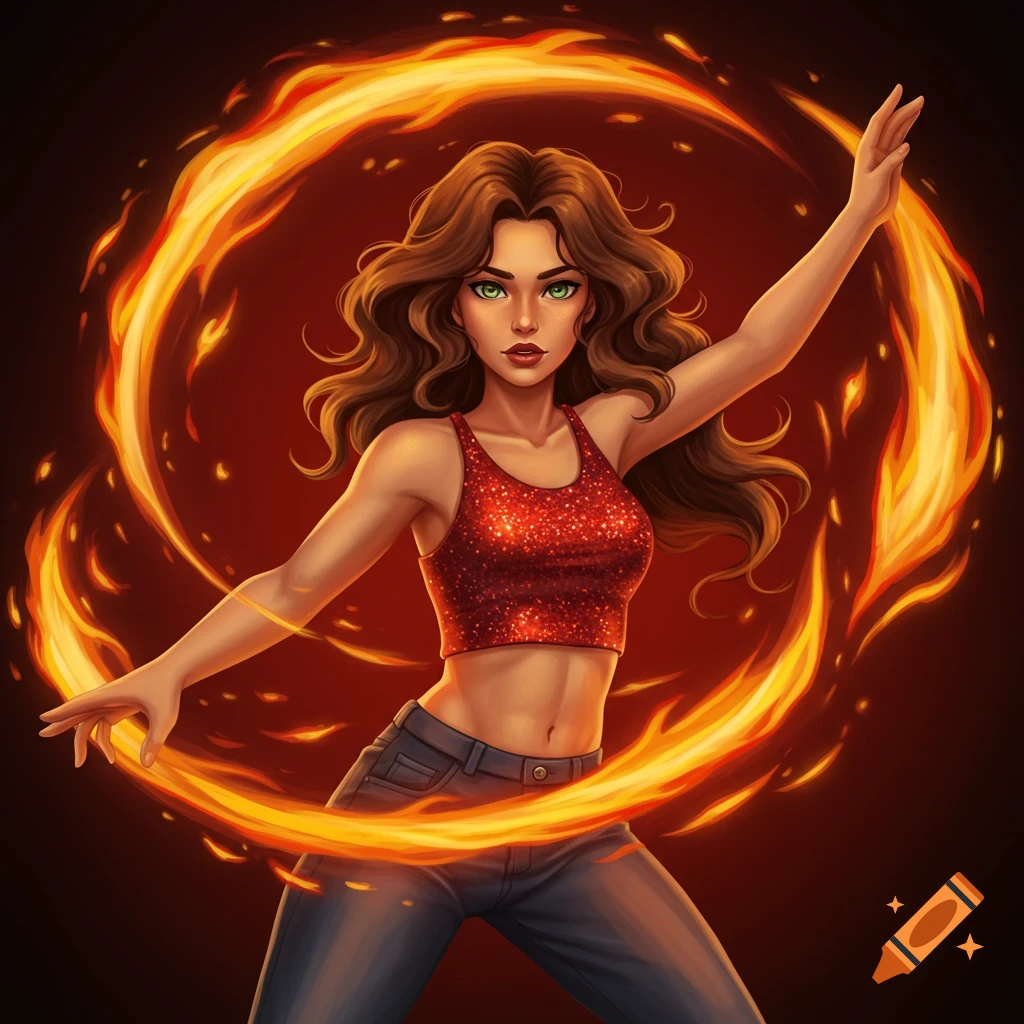 Anime style woman with brown hair, green eyes, and a red crop top, firebending with swirling flames around her.