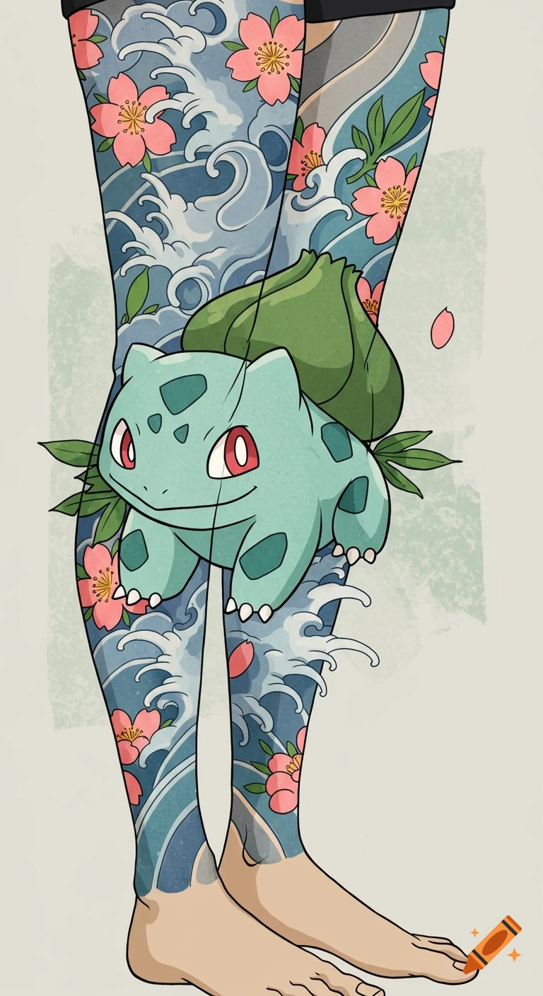 Bulbasaur leg sleeve tattoo in traditional Japanese art style with cherry blossoms and ocean waves on a person's legs.