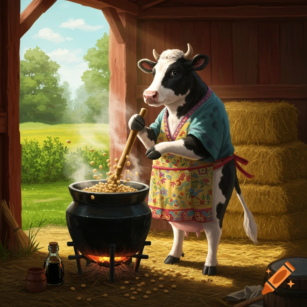 An anthropomorphic cow in an apron and shirt stirs a large pot cooking soybeans over a fire inside a barn, with a field visible outside.
