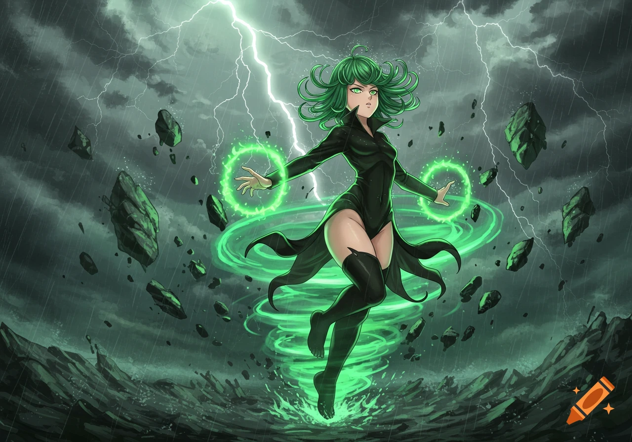 An anime illustration of Tatsumaki with green psychic energy, floating amidst a stormy sky with lightning, rain, and levitating rocks.