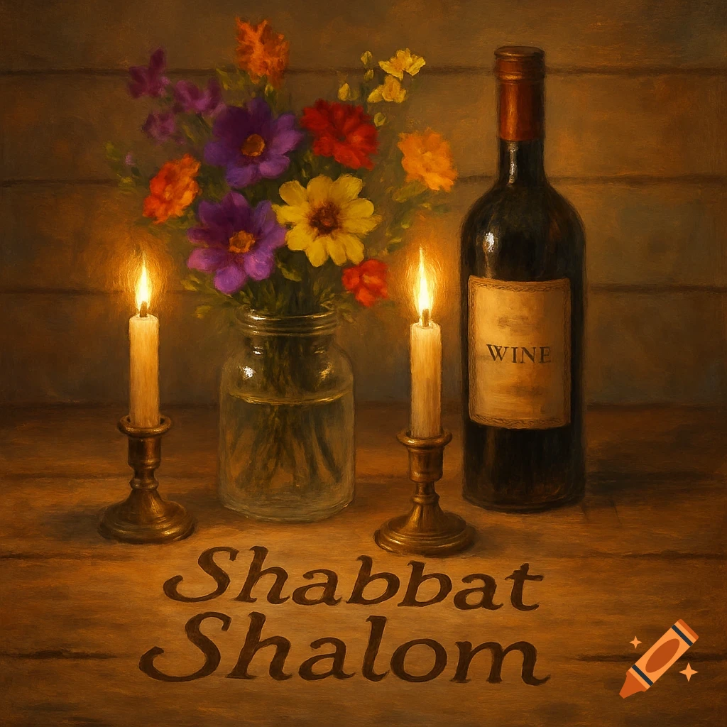 Still life painting of a Shabbat Shalom scene with lit candles, colorful flowers, a bottle of wine labeled 'WINE', and 'Shabbat Shalom' carved into a wooden table.